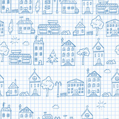 Seamless pattern with simple hand-drawn houses and trees on the page of the notebook into a cell