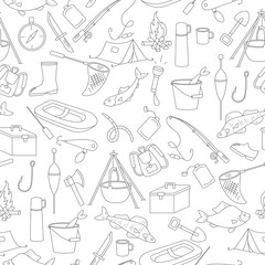 Seamless pattern on the theme of fishing, a simple hand-drawn contour icons on white background