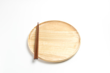 Wooden plate or tray with chopsticks isolated on white background