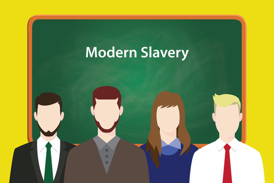 Modern Slavery Illustration Concept With Business Man And Woman Lining Up Together In Front Of Blackboard Or Green Board