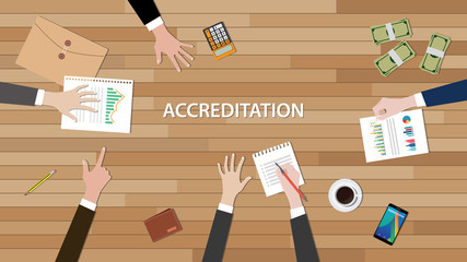 accreditation concept illustration with team people work together  paperwork graph chart and document on top of wooden table