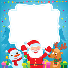 Obraz na płótnie Canvas New Year Background Design Vector. Cartoon Illustration Santa's Friends Deer, Snowman, Christmas Tree And New Year Gifts. Funny Christmas Holidays, Invitation, Poster, Background Vector Template.