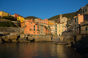 View of small sea village Tellaro near Lerici, La Spezia, Liguria,  Italy, Europe