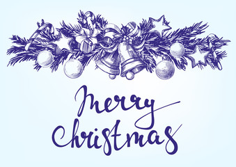 Christmas background with fir twigs and balls hand drawn vector llustration realistic sketch