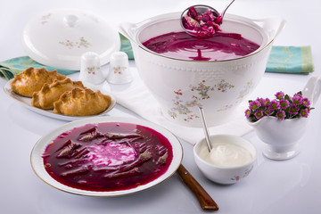 Bowl of soup with beets,sour cream