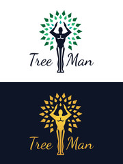 Tree man logo (green and gold color )vector illustration design