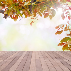 Fototapeta na wymiar Wood floor with Green leaves frame on beach background