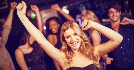Composite image of cute friends having fun and dancing - obrazy, fototapety, plakaty