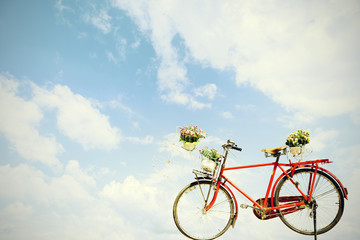 Fototapeta na wymiar Old red bicycle with flower in basket on blue sky background