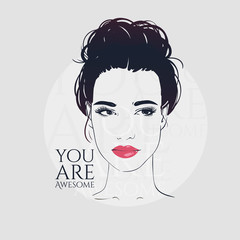 Beautiful woman with retro hairstyle beam, hand drawn line vector fashion illustration.