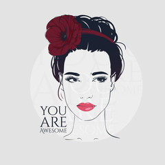 Beautiful woman with retro hairstyle beam and poppy, hand drawn line vector fashion illustration.