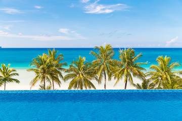 Beautiful palm tree over white sandy tropical beach. Sea and Bor