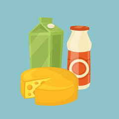 Cheese wheel and other dairy products isolated on blue background, vector illustration. Nutritious and healthy milk products. Natural and healthy food. Organic farmers products. Dairy icon.