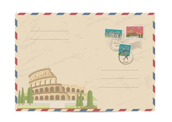 Coliseum in Rome, Italy. Ancient antique amphitheater. Postal envelope with famous architectural composition, postage stamps and postmarks vector illustration. Postal services. Envelope delivery