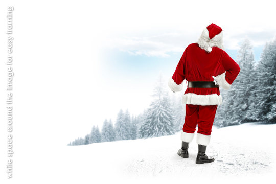 Santa claus on snow and landscape of winter forest. White space around the image for easy framing to website popular resolution.