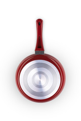 one frying pan of red color on a white background closeup