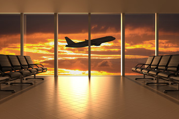 Flughafen Wartehalle mit Flugzeug und Sonnenuntergang © Thomas Söllner