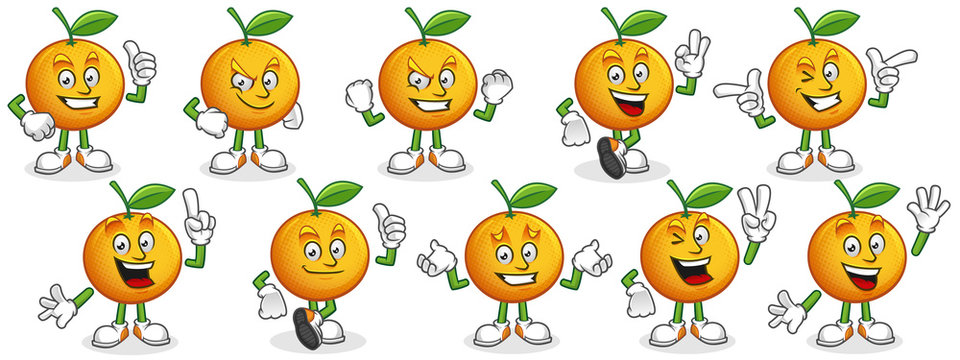 Vector set of Orange mascot. Oranges characters.