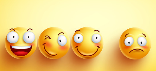 Funny smileys vector faces with happy smile with separated one unhappy and sad in yellow background. Vector illustration.
