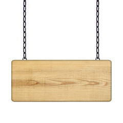 Wooden sign hanging on a chain isolated on white