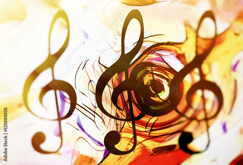 Poster abstract music theme background with clef, modern design in sun light.
