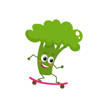 Happy ripe broccoli riding a skate, cartoon vector illustration isolated on white background. Cute funny broccoli character riding a skateboard, doing sport, fitness motivation for kids