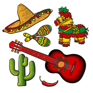 Mexican set - sombrero, pinata, maraca, tequila cactus, chili and spanish guitar, sketch vector illustration isolated on white background. Mexican sombrero, rumba shakers, ornamented pinata, cactus