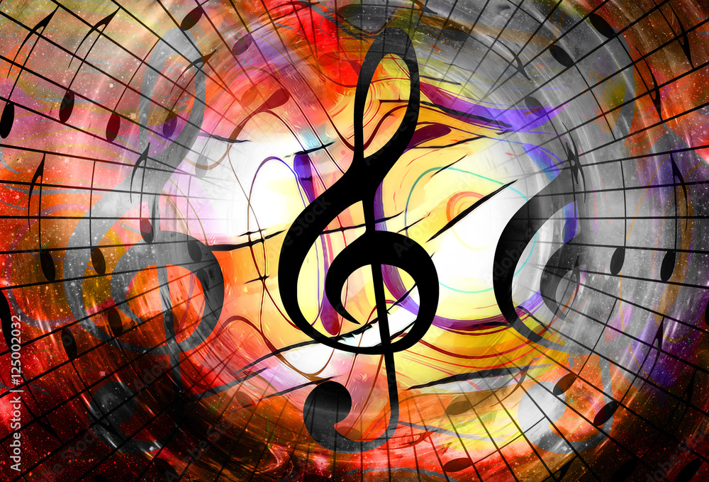 Poster music notes and clef in space with stars. abstract color background. music concept.