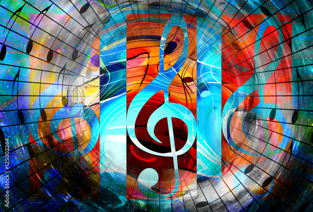 Poster music notes in space with stars. abstract color background. music concept. copy space.
