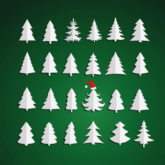 Christmas kit of trees on green background.
