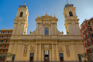 Fototapeta na wymiar Facade of Santa Margherita Church (Basilica of Santa Margherita of Antiochia) in Santa Margherita Ligure, Italy