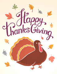 Vector thanksgiving illustration with brown turkey bird and text