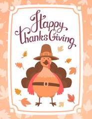 Vector thanksgiving illustration with orange turkey bird in brow