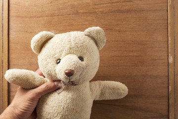 Teddy bear in hand on old wood background.