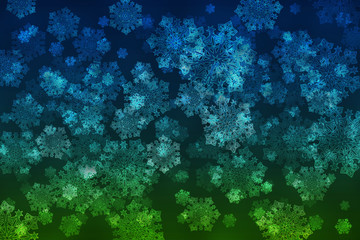 Fototapeta na wymiar White snowflakes on an abstract blue and green background