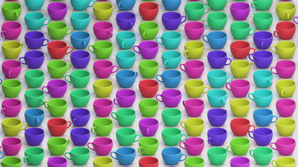 Large Isometric Array of Colorful Coffee Cups on Concrete