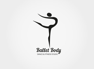 Dance icon concept. Ballet Body studio design template. People character logo. Fitness class banner background with sign symbol of abstract stylized ballerina in dancing pose. Vector illustration.