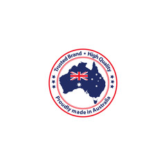 Proudly made in Australia, Trusted Brand, High Quality stamp / sticker / label with the national flag and the Australian map, 