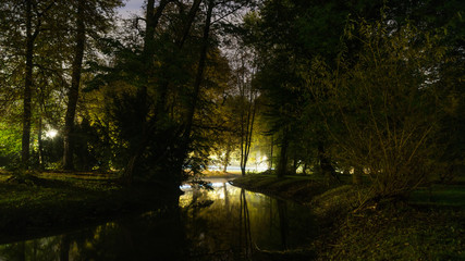 Obraz premium Autumn trees and river in a park by night