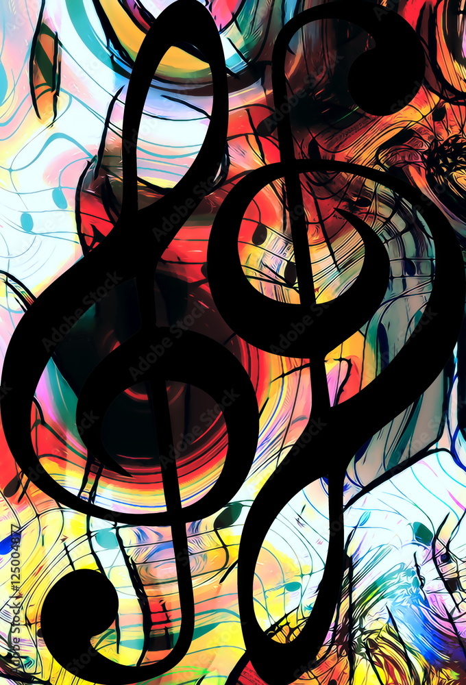 Poster abstract set of music clefs and lines with notes, music theme graphic collage.