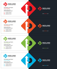 letter p rhombus business cards, road sign with arrows, dark blue and colored