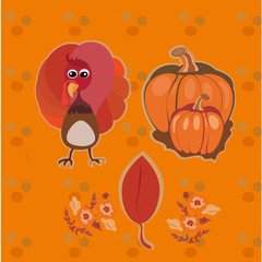 Obraz na płótnie Canvas Happy Thanksgiving Day background design with holiday sticker objects. Cute pumpkin and turkey
