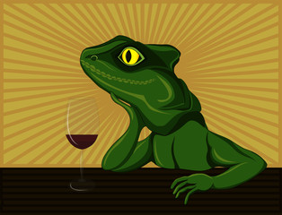 Lizard dreaming and drinking red wine. Pop Art vector illustration. 
