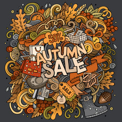 Cartoon cute doodles hand drawn Autumn sale inscription