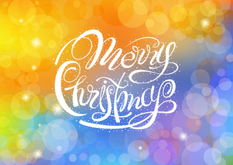 Lettering Merry Christmas on red bokeh background. Vector illustration.