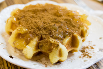 Fresh Belgian liege waffle with apple and cinammon