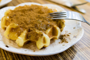 Fresh Belgian liege waffle with apple and cinammon