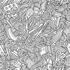 Cartoon cute doodles hairdressing salon seamless pattern
