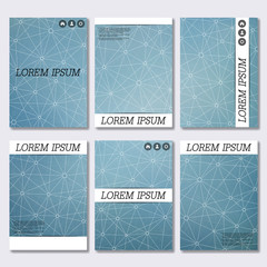Set of business templates for brochure, flyer, cover magazine in A4 size. Structure molecule DNA and neurons. Geometric abstract background. Medicine, science, technology. Vector illustration.