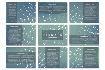 Set of modern business presentation templates in A4 size. Connection structure. Abstract background with molecule DNA and neurons. Medicine, science, technology concept. Vector illustration.